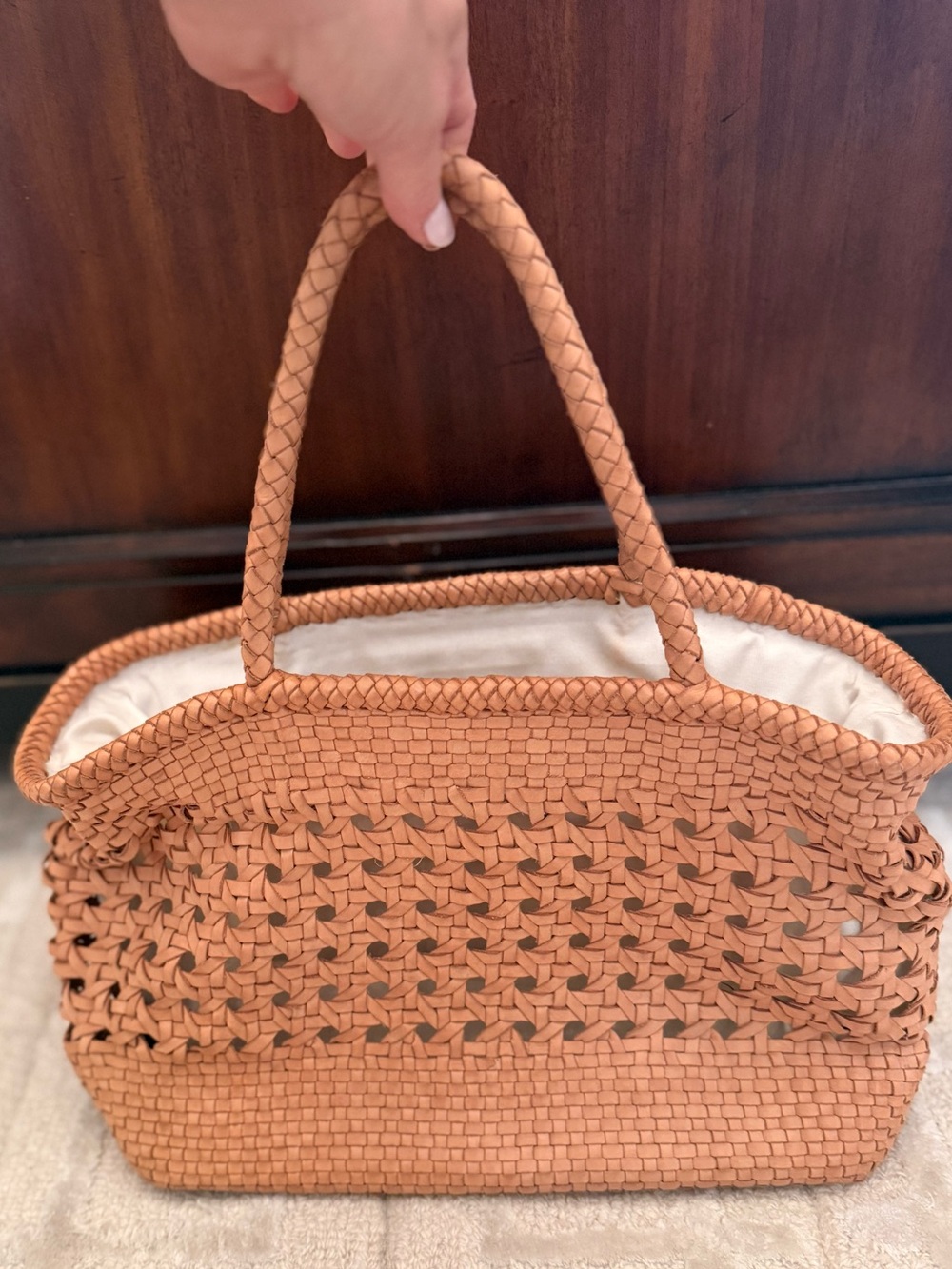 Woven Leather Tote Bag in Tan - Lightweight Summer Carryall by Village Thrive